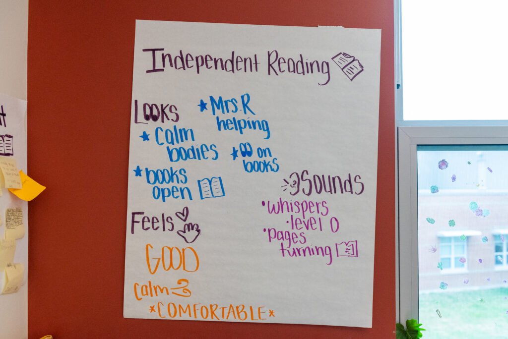 Classroom wall with a handwritten "Independent Reading" poster on it. The poster features "looks," "sounds," and "feels" for reading. 